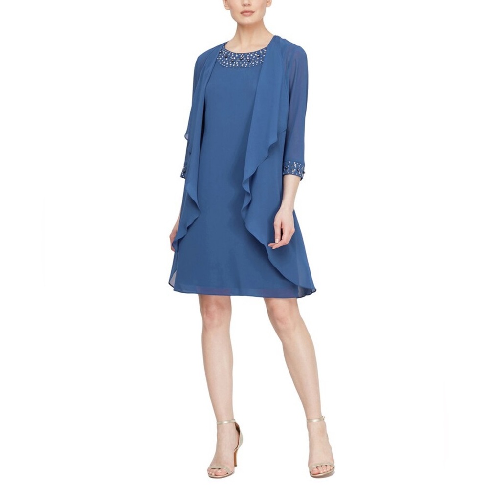 NWT S.L.Fashions Embroidered‎ Soutache Dress with Sheer Yoke 10 blue wedding NEW